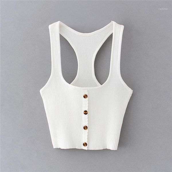 

2020 fashion female casual chest crop women single-breasted slim tank tee shirt1, White