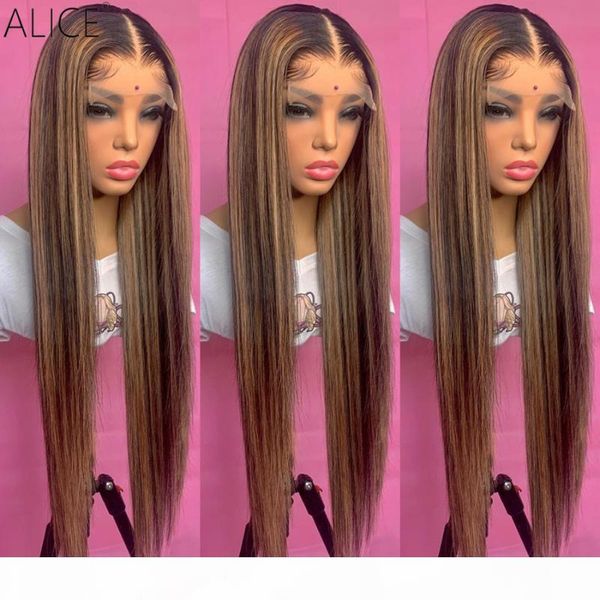 

alice highlight straight t-part lace front human hair wigs 150% density scalp closure wigs non-remy, Black;brown