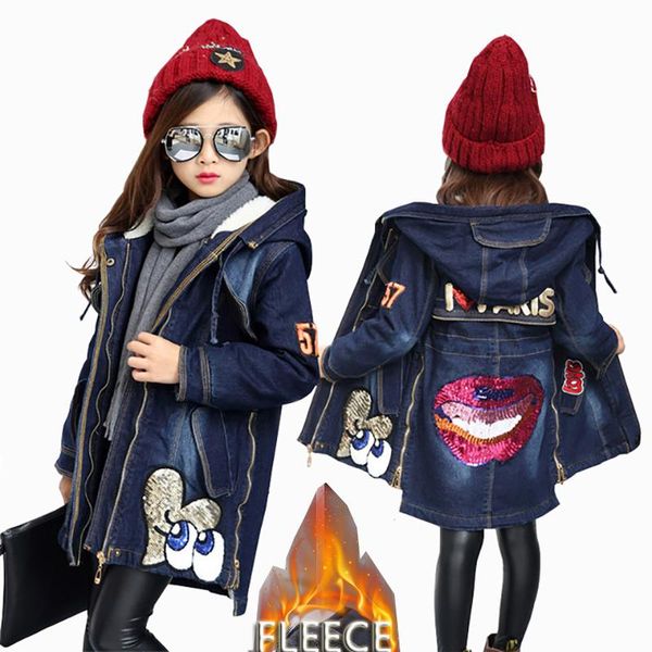 

girls winter coats for kids outerwear fleece denim jacket teenage for girls jackets sequin warm thick velvet children clothing, Blue;gray