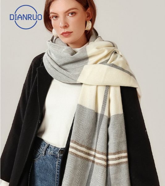 

dianruo осень зима женщина шерсть плед шарф женщина шарфы широкий lattice длинной шаль wrap одеяло теплый n328 y201024, Blue;gray