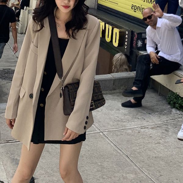 

fall retro style fashionable 2020 korean style loose hong kong style professional mid-length casual small suit coat for women, White;black