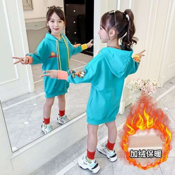 

autumn and winter new children's leisure thickened medium length sweater girls' long sve hooded plush bottom coat, Black