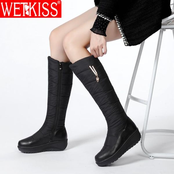 

wetkiss 2021 russia snow boots platform women knee high boot warm thick fur winter boots wedges zip waterproof shoes big size 44, Black