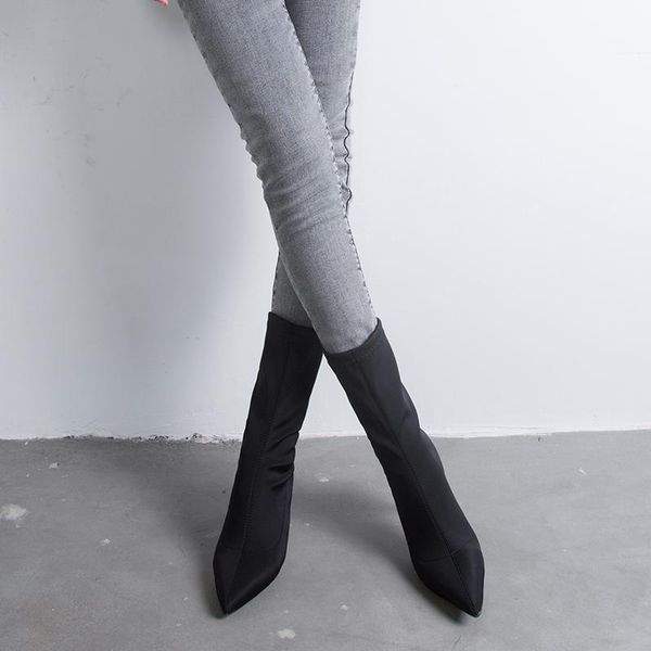 

2021 new black beige ankle elastic sock boots women pointed toe thin heel boots stretch women winter shoes booties woman