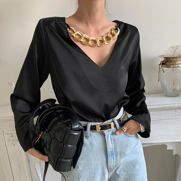

2021 new chic niche temperament v-neck metal chain decoration slim wild long-sleeved front and back shirt 8snw, Black;brown