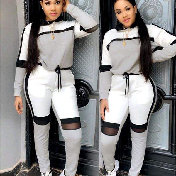 

2 piece set women casual color splicing long sleeve t shirt long pants sports set conjunto femenino conjuntos de mujer 2021 new, Gray