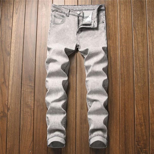 

men's jeans leisure fashion male stretch slim straight leg pants classic style cool regular black grey light wash denim trousers, Blue
