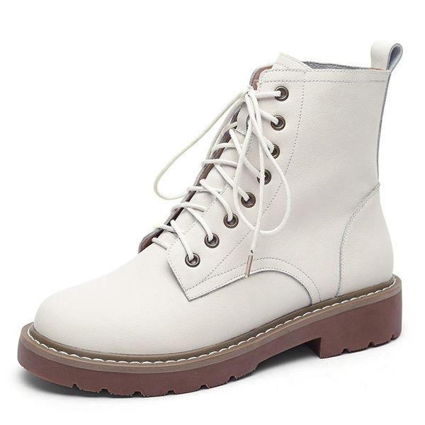 

genuine leather ankle boots women autumn winter low heels shoes g221 fashion woman round toe lace up black beige boots