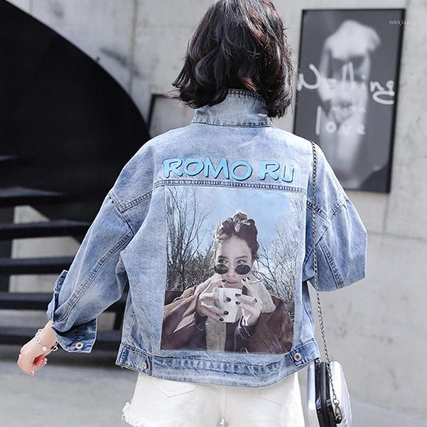 

2019 women harajuku autumn denim jacket loose casual pattern bf letters printing coats and jackets women streetwear1, Black;brown