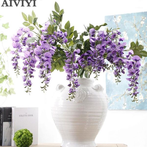

2 heads artificial wisteria pea blossom flowers fall violet flores fake flowers leaf wedding home party decoration1