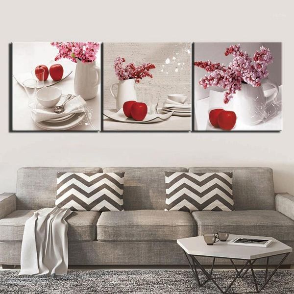 

3 pieces green fruit pictures apple fruits painting canvas print cherry poster wall art for kitchen decor kids living room1