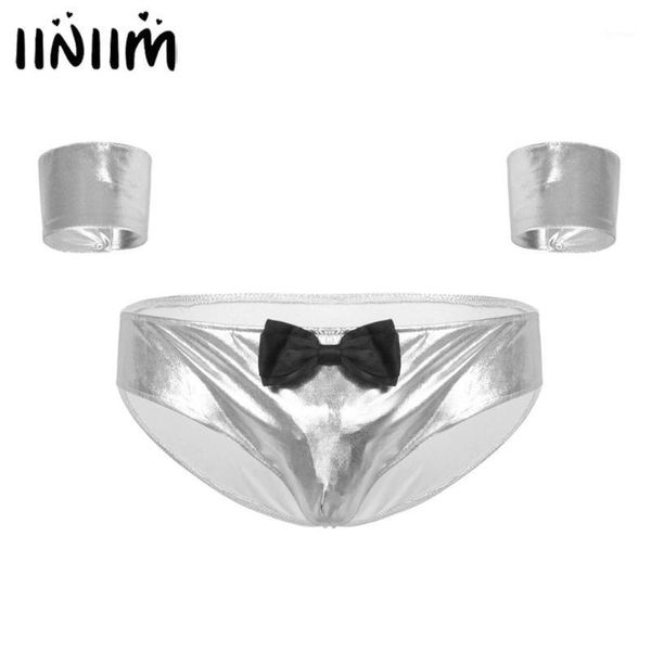 

iiniim mens shiny metallic lingerie panties costumes low rise jockstraps bulge pouch front briefs underwear with cuffs1, Black;white