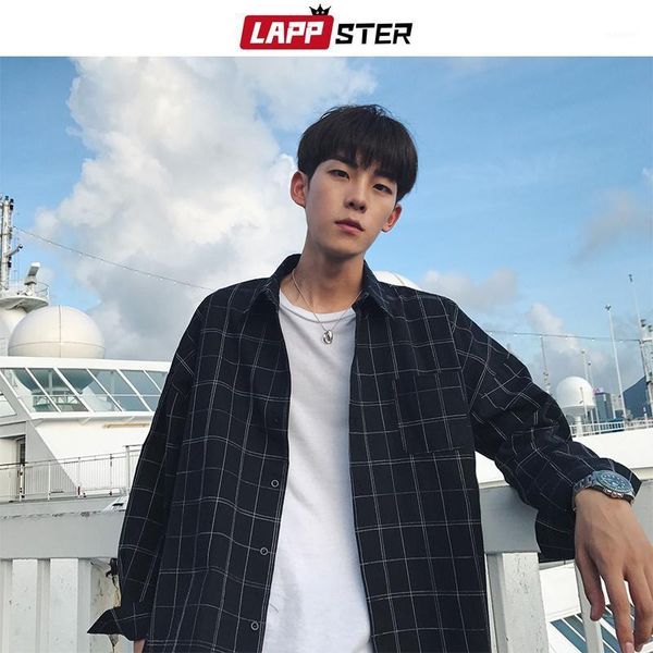 

lappster men oversized cotton plaid shirt long sleeve 2020 mens korean fashions button up shirt couple black harajuku clothing1, White;black