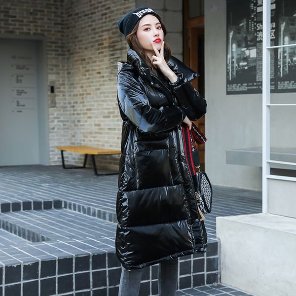 

2021 newfashion shining fabric winter jacket women hooded collar warm thicken female long coat vek6, Black