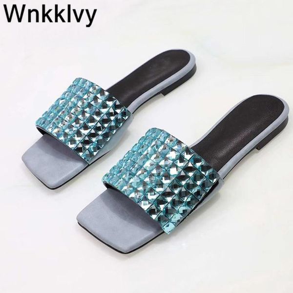 

shiny slippers summer dress shoes woman flipflops bling bling crystal lazy mullers flat heel fairy rhinestone sandals for girls1, Black