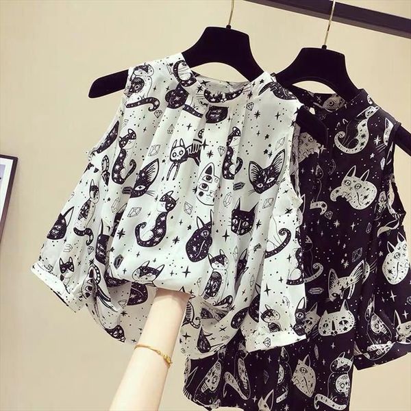 

cute cat print shirts autum women harajuku gothic kitten short sleeve loose blouse fashion summer street casual femme shirt new, White