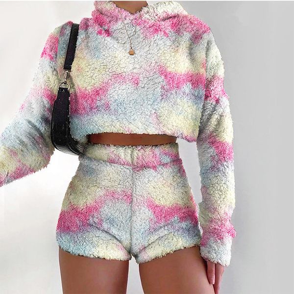 

2021 new casual tracksuit hooded sweatshirt tie dye leopard print slim plush set 2 piece women winter fashion flannel short suit yjrl, White