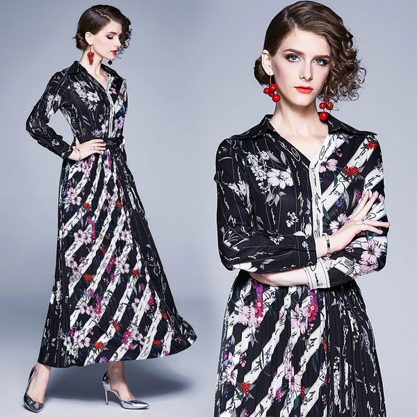 

2021 new women vintage color matching striped maxi sping summer a-line high waist long sleeve v-neck elegant pleated vg8u, Black;gray