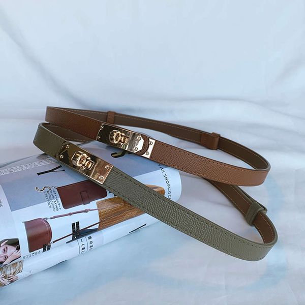 

adjustable korean fashion lock two-layer leather thin for women with suit coat, versatile waist belt, Black;brown