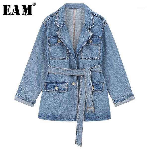

eam] women blue pocket bandage big size denim blazer new lapel long sleeve loose fit jacket fashion spring autumn 2020 1u3391, White;black