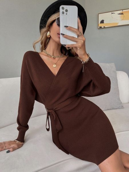 

wrap tie side sweater dress g5zo#, Black;gray