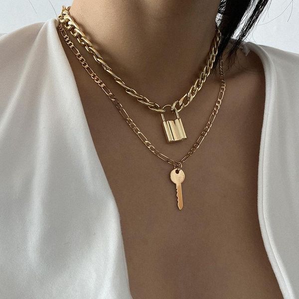 

link chain choker necklace punk multilayer padlock key long pendant necklace for women gold color collar, Silver