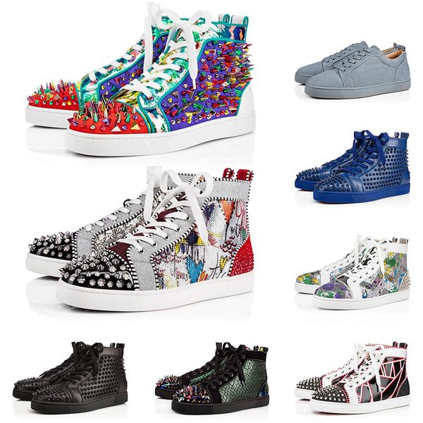

2021 red bottom high sneakers for men women size 35-47 luxuyrs suede spikes casual shoes platform designer red bottoms, Black
