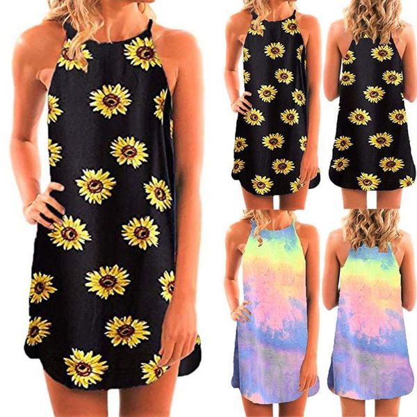 

women's casual sleeveless floral mini dress summer beach halter neck dresses1, Black;gray