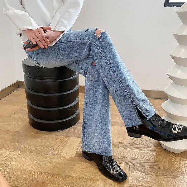 

male female japan korea streetwear vintage denim pants trousers men hole summer fashion casual straight long jeans1, Blue
