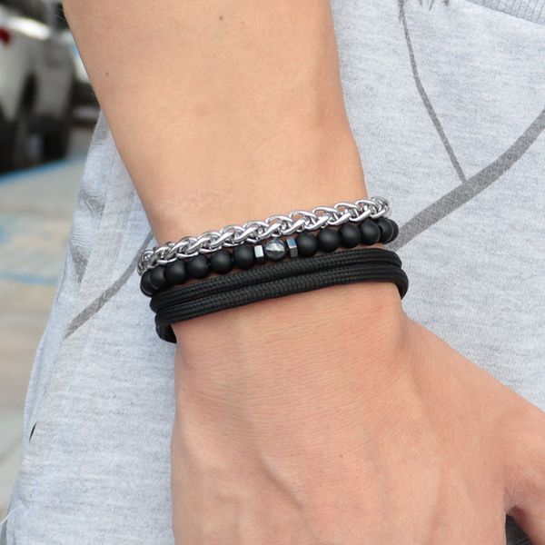 

trendy mens bracelet set weaving umbrella braslet adjustable 6mm frosted beads braclet hiphop rock link chain brazalete armband, Black