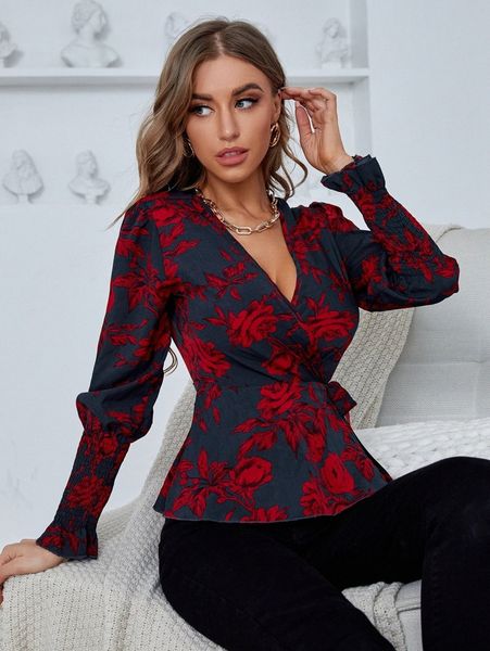 

floral print shirred cuff knot side wrap blouse d2zj#, White