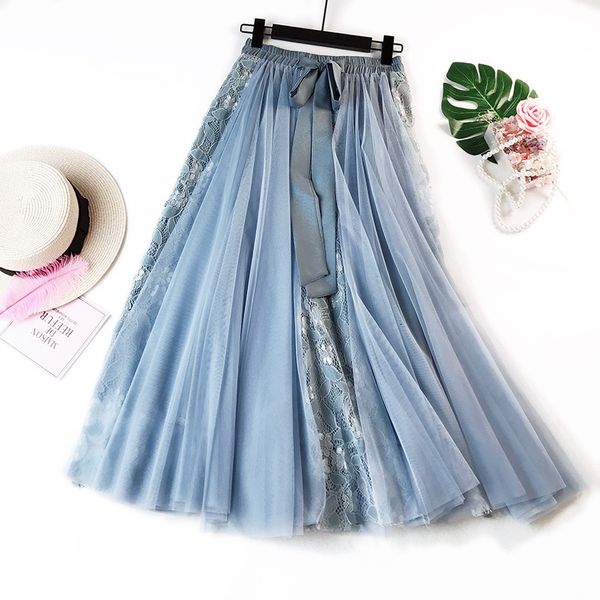 

2021 new boho long high waist bowtie decorated lace mesh patch women skirts pink jupe femme tulle skirt saia qq65, Black