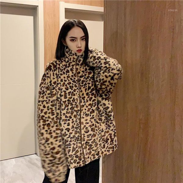 

women's fur & faux women's retro stand collar leopard jacket velvet thick zipper coat loose outwear d291, Black