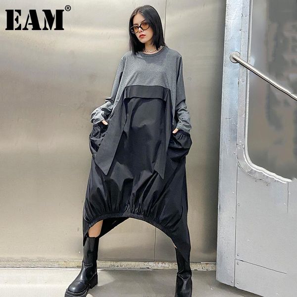 

[eam] women gray contrast color big size dress new round neck long sleeve loose fit fashion tide spring autumn 2020 1da259, Black;gray
