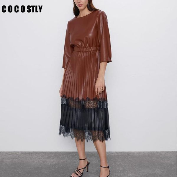 

leather pleated dresses women fashion lace patchwork long dress women elegant three quarter mid calf dresses female ladies1, Black;gray