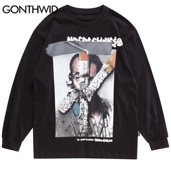 

hip hop крупногабаритные тройники рубашка творческих сигарет печать с длинным рукавом tshirts harajuku вскользь свободные топами mens 2020 м, White;black