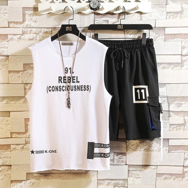 

summer youth leisure and sports tooling two piece t-shirt sleeveless suit for men1, Gray