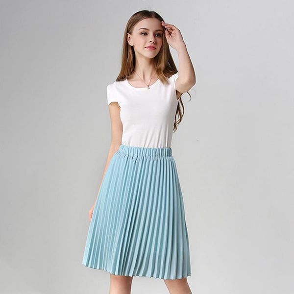 

fashion midi pleated skirt women 2020 summer korean high waist skirt female casual black pink blue chiffon skirt sun