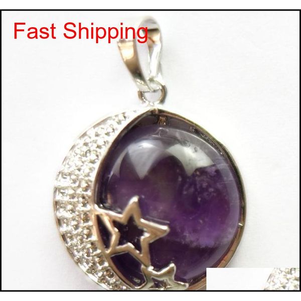 

plated-silver star moon wrapped natural amethyst 27x24x8mm round pendant bead n9qcq