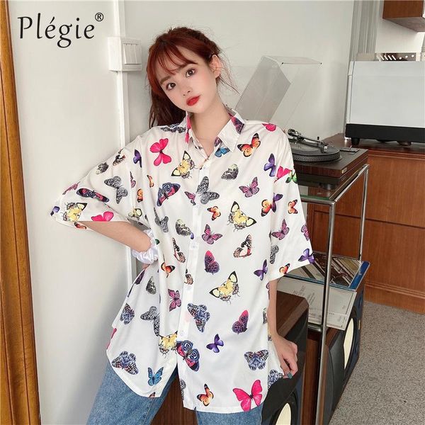 

harajuku oversize women blouse short sleeve summer 2021 new ladies korean vintage butterfly print shirt fashion plus size, White