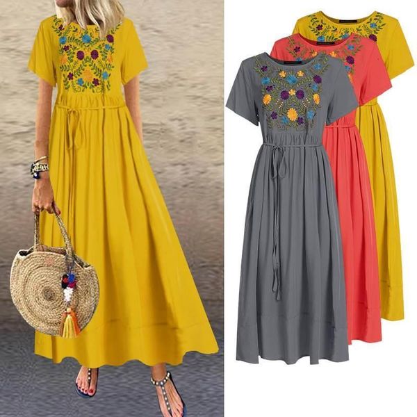 

women long maxi dress casual long floral shirts vestidos 2021 summer beach sundress vintage floral embroidery dresses plus size, Black;gray