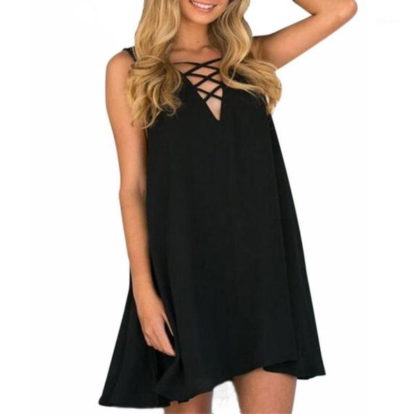 

wholesale- casual loose bandage dress women summer sleeveless dresses 2017 solid v-neck cross chiffon dress plus size 4xl 5xl 6xl #5151, White;black