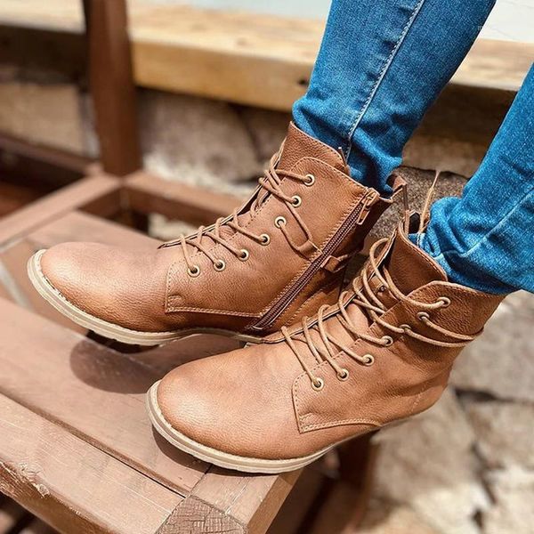 

boots women mid-calf chaussure booties vintage pu leather plus size low heel lace up matin shoes woman zapatos mujer sapatod17511, Black