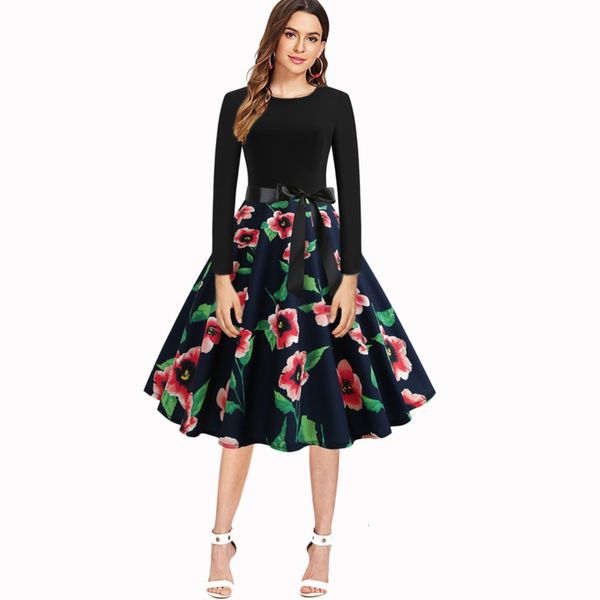 

swing spring women's skirt hepburn 50s large print long sleeve dress with ribbon, Black;gray