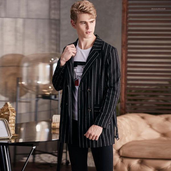 

men's wool & blends autumn stripe mens trench luxury double breasted medium length casual man coats plus size 6xl fashion male jackets1, Black