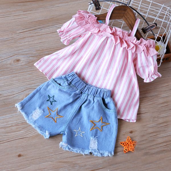 

girls summer clothes new fashion girl suit short sleeve striped shirt + denim shorts kids girls clothes outfits t200707, White