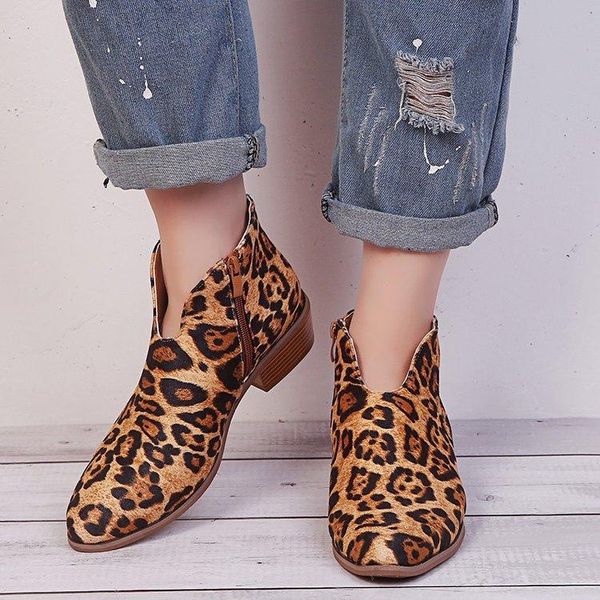 

women shoes 2020 fashion leopard print pointed toe ankle boots slip on deep v high heel boots lady party shoes, Black