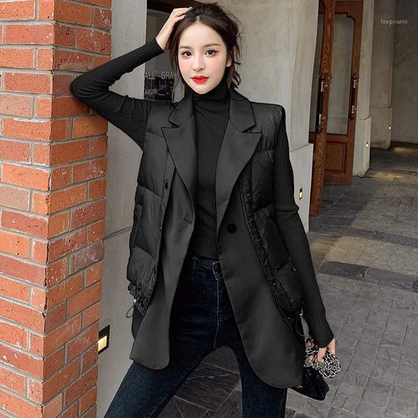 

fall winter korean fashion suit collar stitching waistcoat fake two piece lightweight vest jacket women sleeveless blazer y13181, Black;white