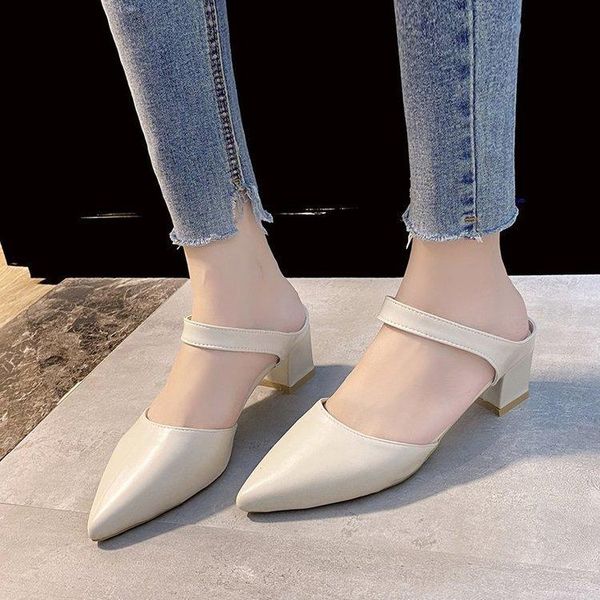 

slippers shoes women 2021 summer bun toe middle heel flip-flops lady pointed chunky sandals half slipper single shoe, Black