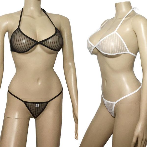 

female erotic sheer stripe mesh bikini lingerie halter bra g string see through babydoll underwear plus size xxxl, Red;black